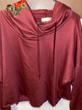Plum Hooded Pullover with Floral Accent